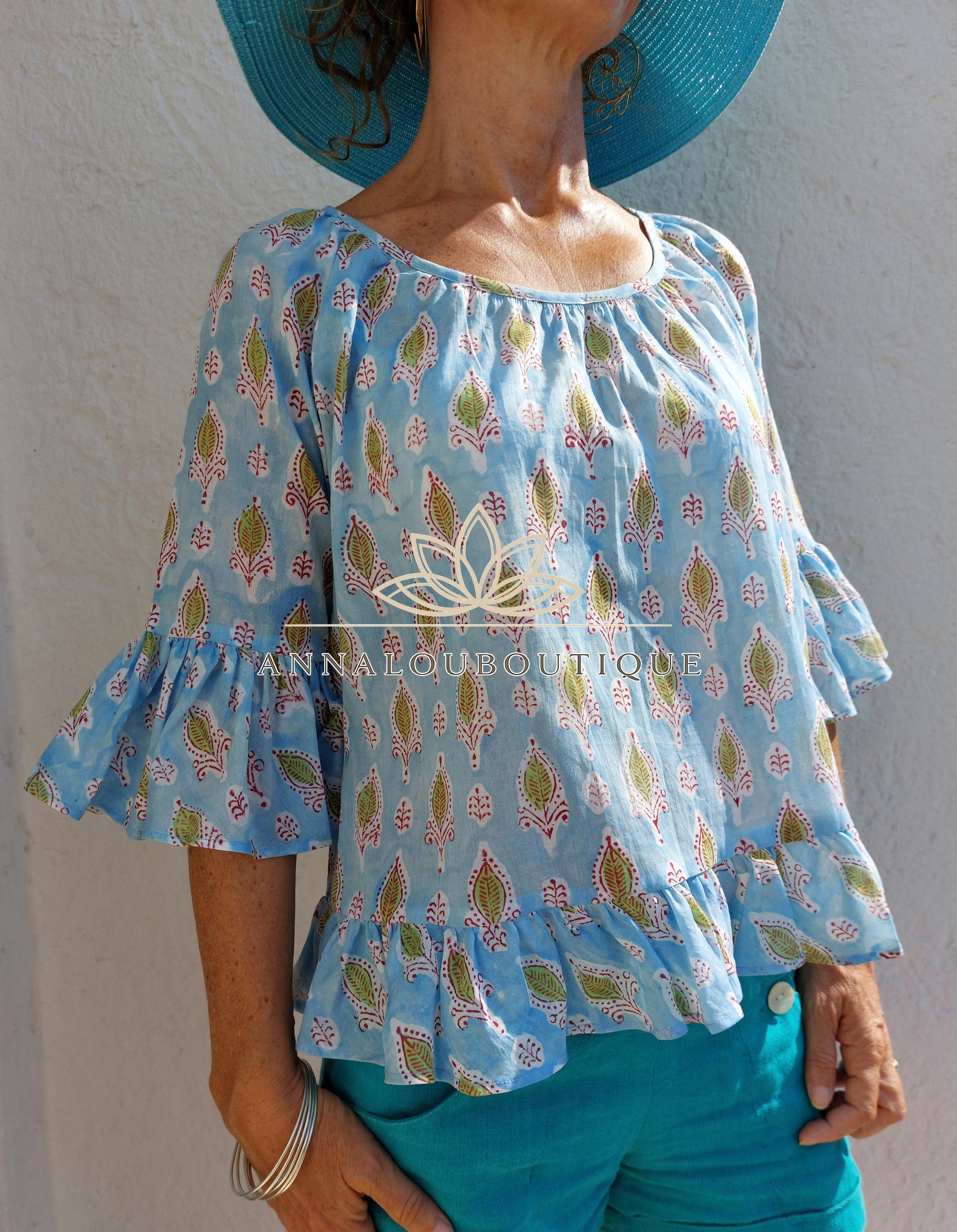 Soft Cotton Ruffled Top – Sky Blue Print Summer Blouse Annalou Design