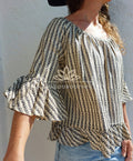 Hippie Chic Cotton Top – Black & Beige Ruffled Blouse, Limited Series Annalou Design