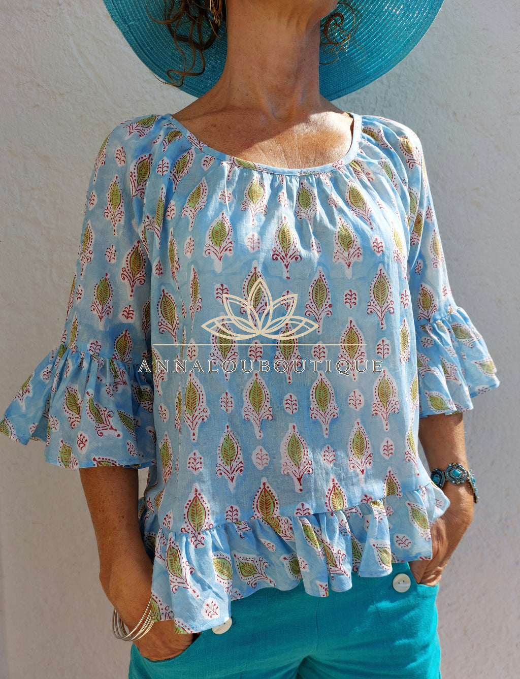 Soft Cotton Ruffled Top – Sky Blue Print Summer Blouse Annalou Design