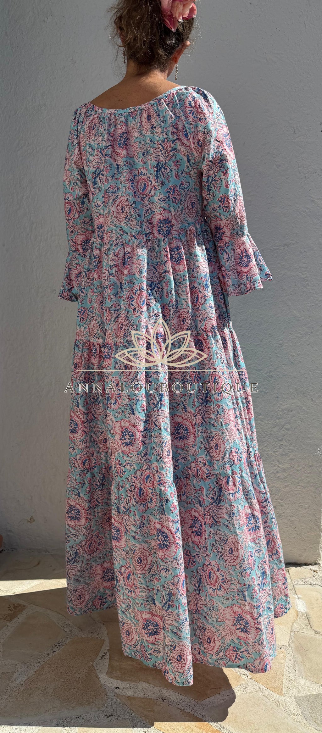 Turquoise Pastel Floral Maxi Dress – Soft Cotton Boho Chic Summer Dress, Flowy Resort & Holiday Wear Annalou Design