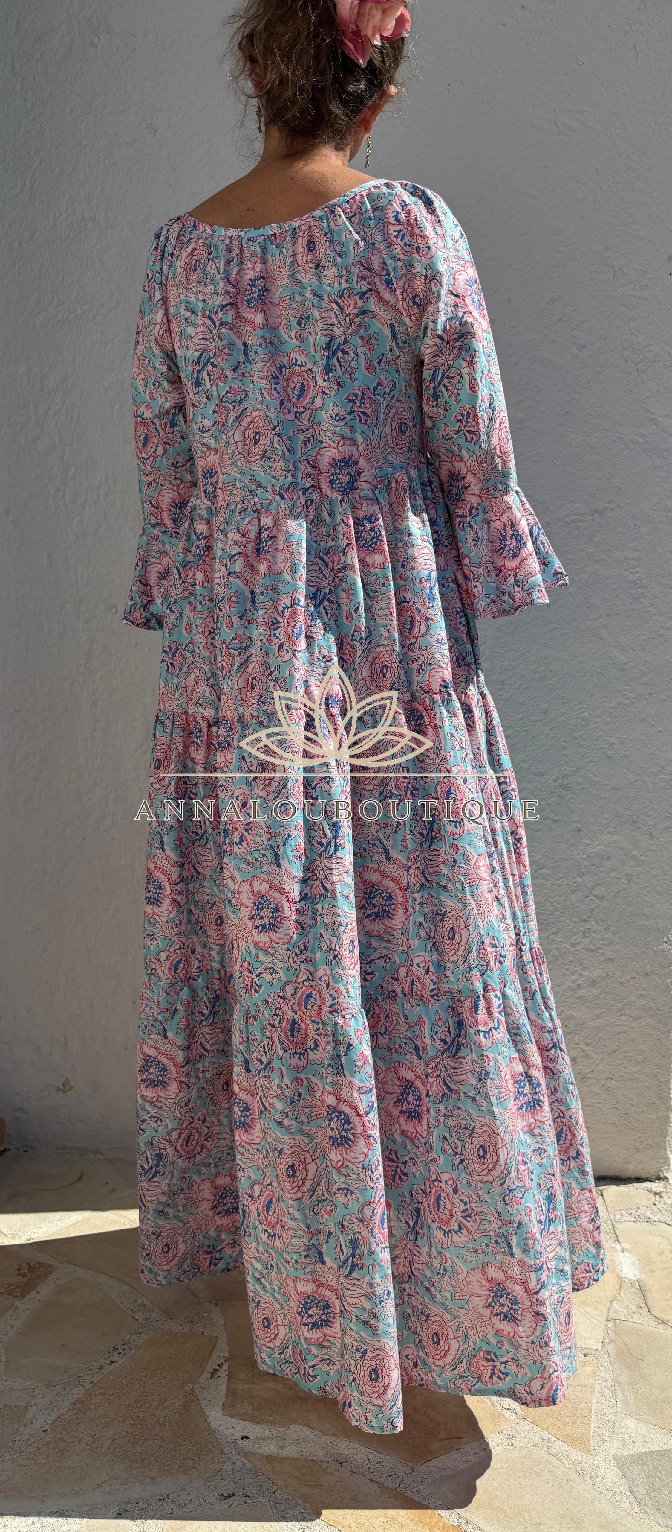 Turquoise Pastel Floral Maxi Dress – Soft Cotton Boho Chic Summer Dress, Flowy Resort & Holiday Wear Annalou Design