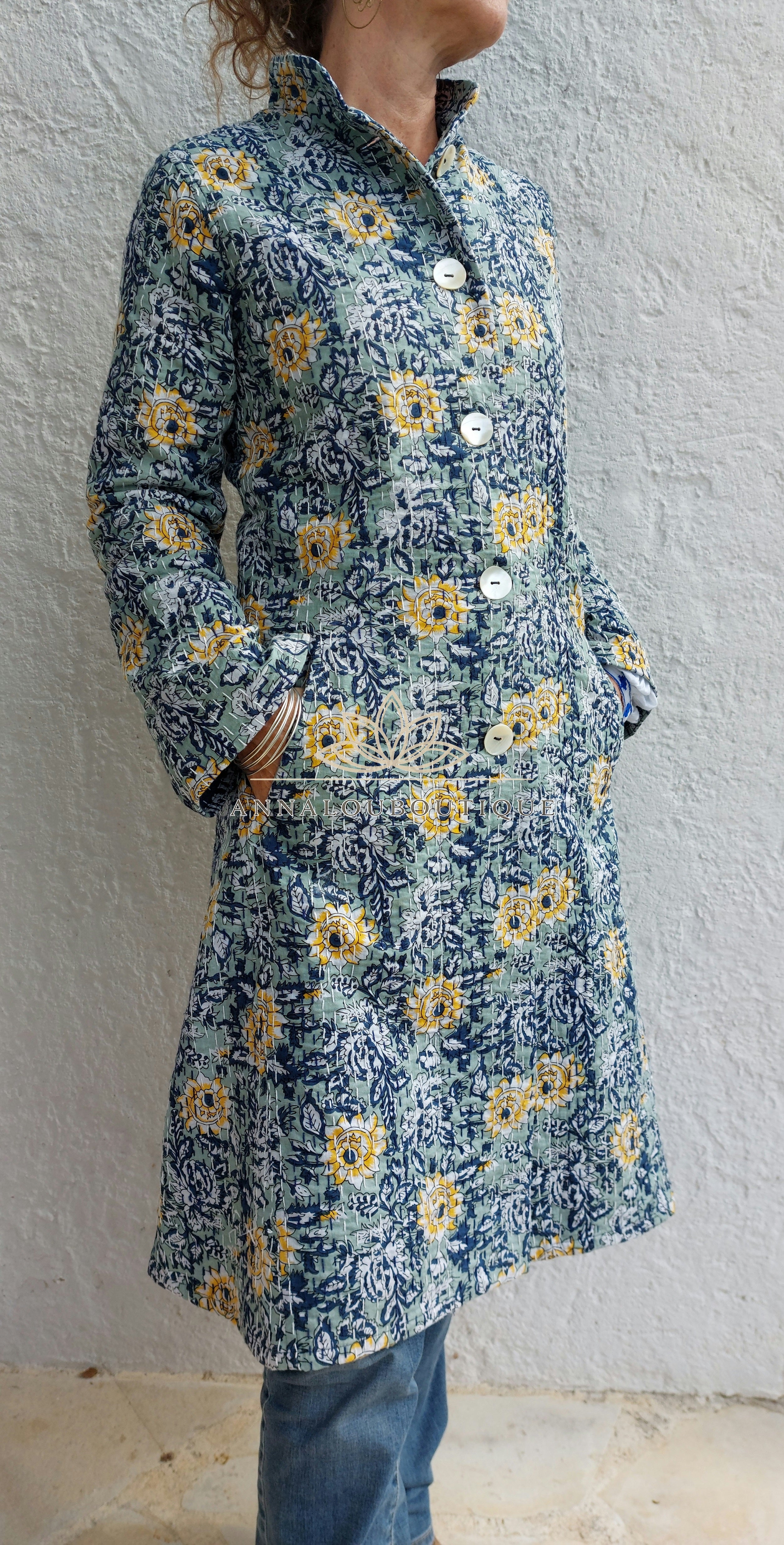 Boho Chic Hand Embroidered Frock Coat – Navy & Green Wedding Jacket with Trumpet Sleeves Annalou Design