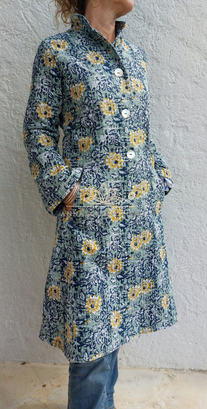 Embroidered navy and green frock coat