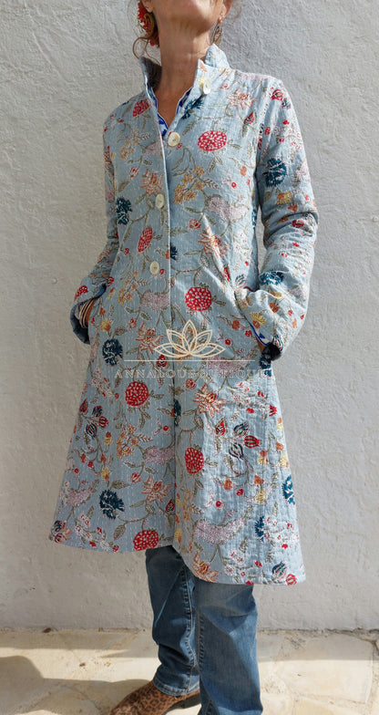 Manteau redingote en coton fleuri bleu gris