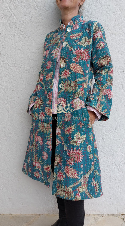 Teal frock coat with pink hydrangeas