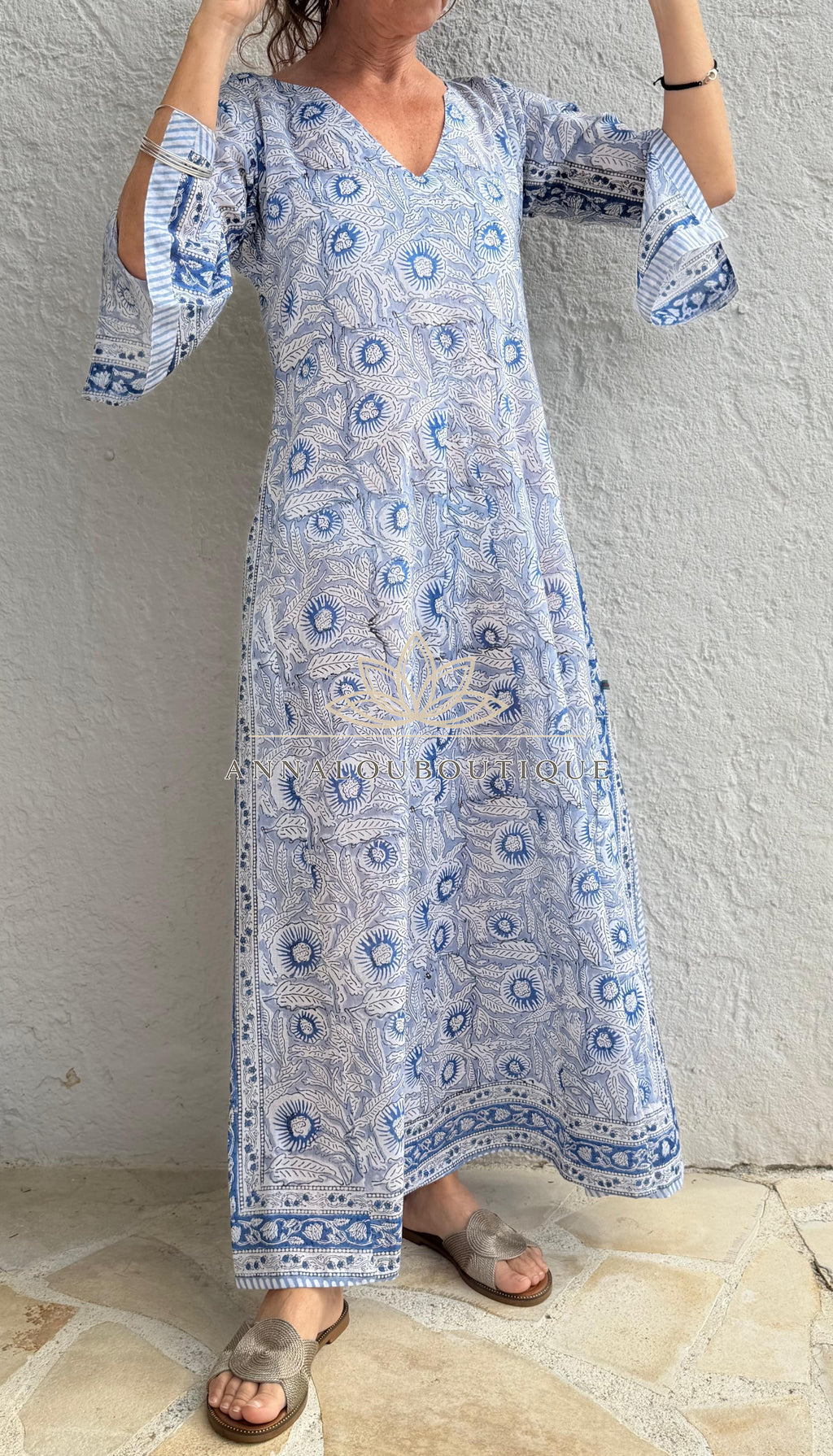 Long Soft Cotton Kaftan – Blue Floral Boho Summer Dress, Flowy Beach Resort Wear Annalou Design