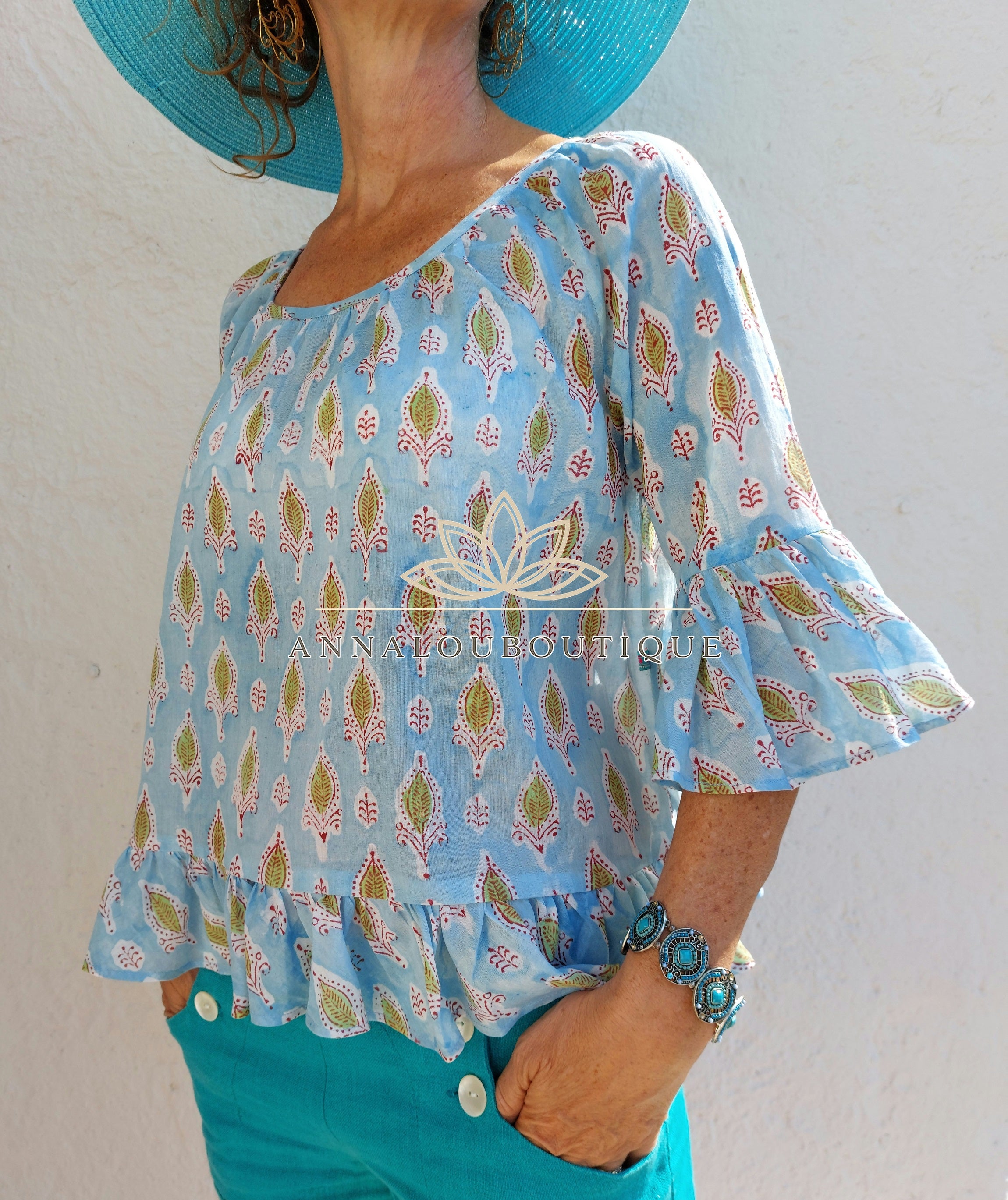 Soft Cotton Ruffled Top – Sky Blue Print Summer Blouse Annalou Design