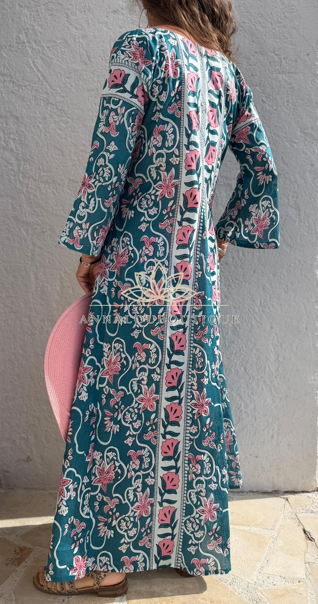 Teal & Pink Floral Cotton Kaftan – Flared Boho Maxi Dress, Soft Beach & Resort Wear Annalou Design