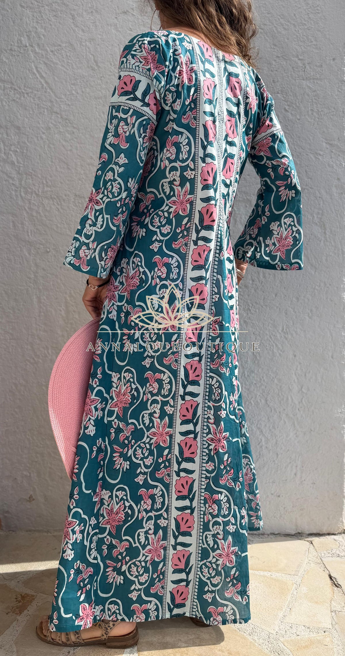 Long flared cotton kaftan in teal and pink