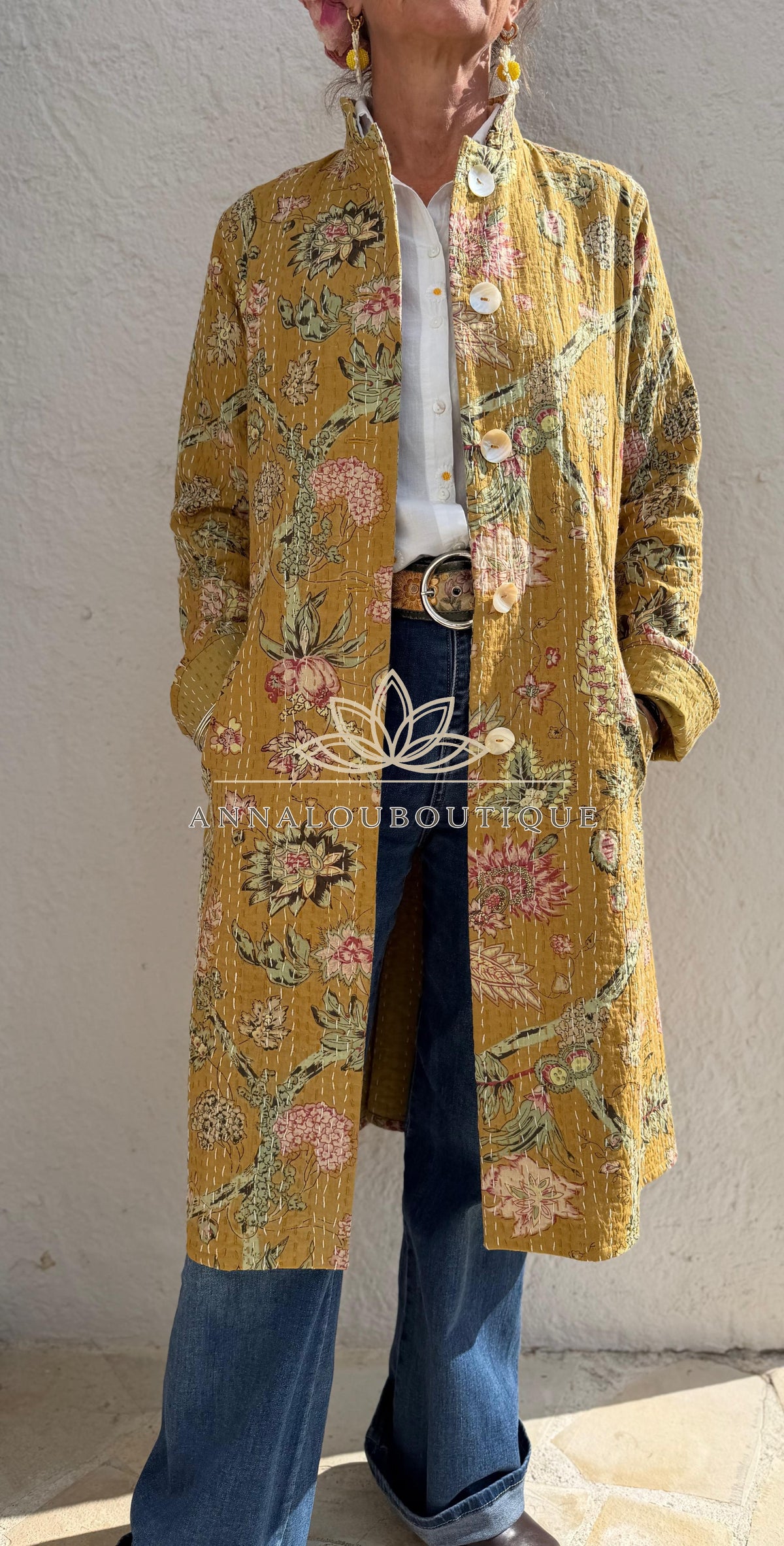Manteau redingote en coton à hortensias roses