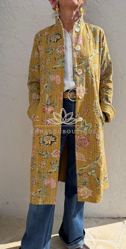 Manteau redingote en coton à hortensias roses