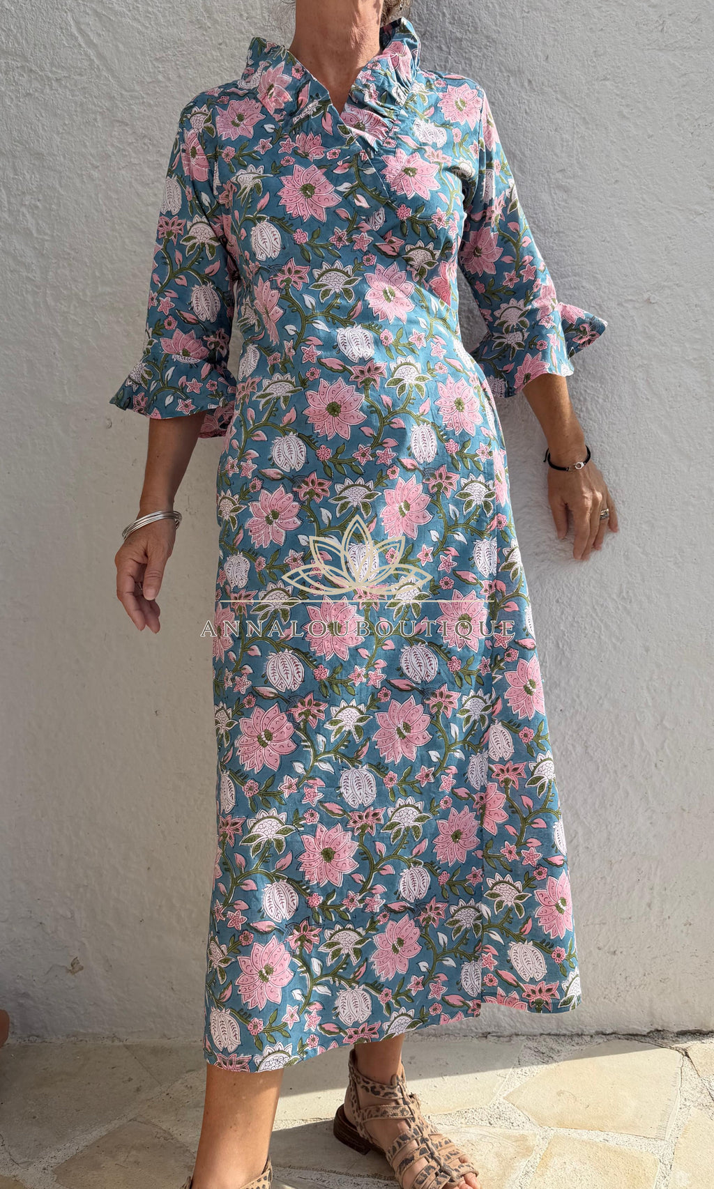 long wrap dress in cotton,floral print with pink flowers,ruffled collar,3/4 sleeves with ruffles,kimono shape, hippie chic dress,teal color Annalou Design