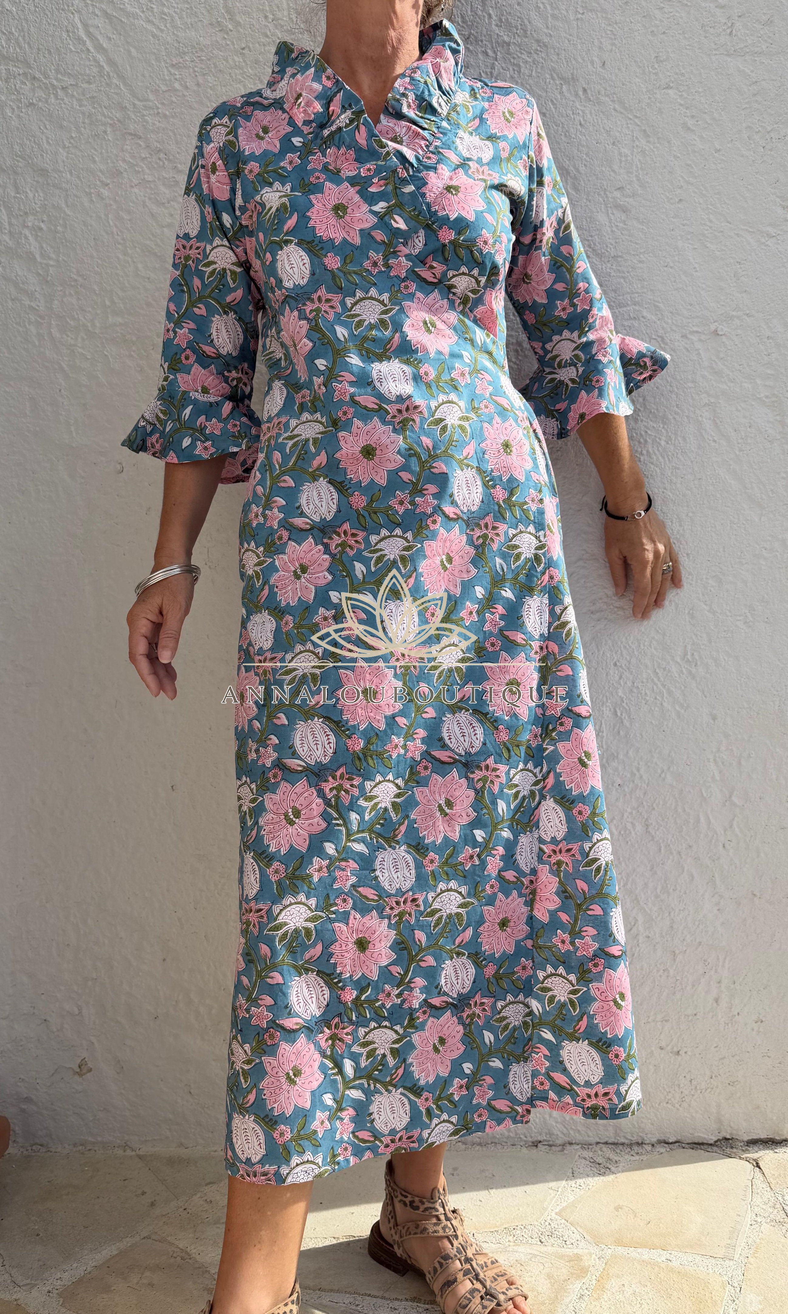 long wrap dress in cotton,floral print with pink flowers,ruffled collar,3/4 sleeves with ruffles,kimono shape, hippie chic dress,teal color Annalou Design
