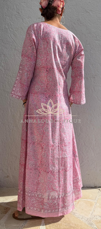 Langer ausgestellter Baumwollkaftan mit rosa Blumen