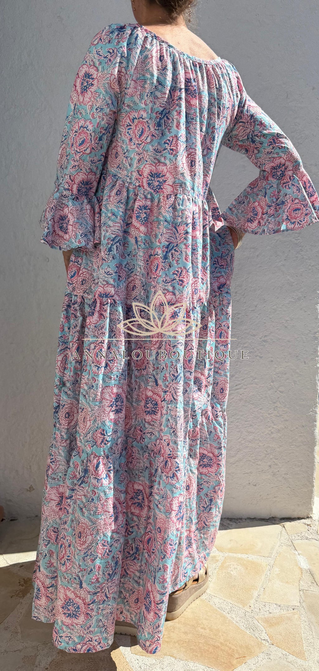 Turquoise Pastel Floral Maxi Dress – Soft Cotton Boho Chic Summer Dress, Flowy Resort & Holiday Wear Annalou Design
