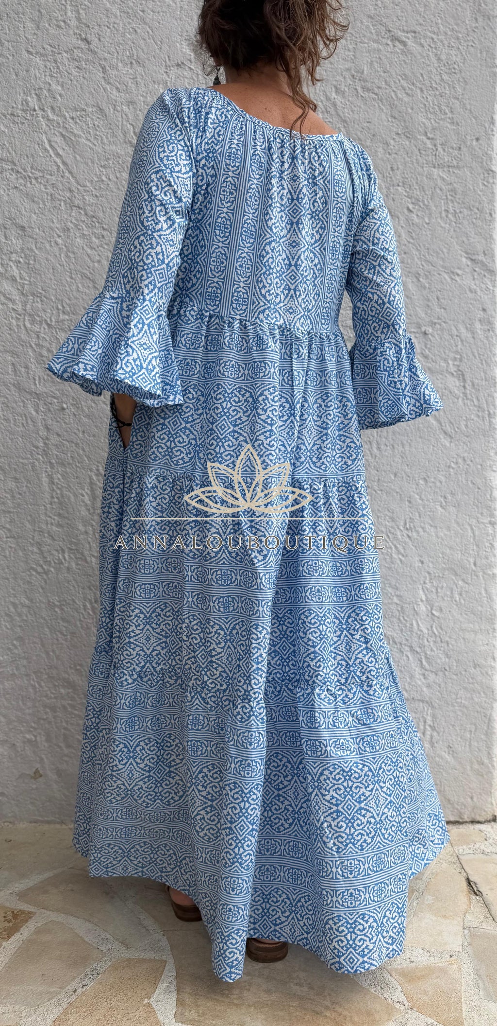Boheme Chic Cotton Maxi Dress – Blue & White Geometric Ruffled Summer Dress Annalou Design