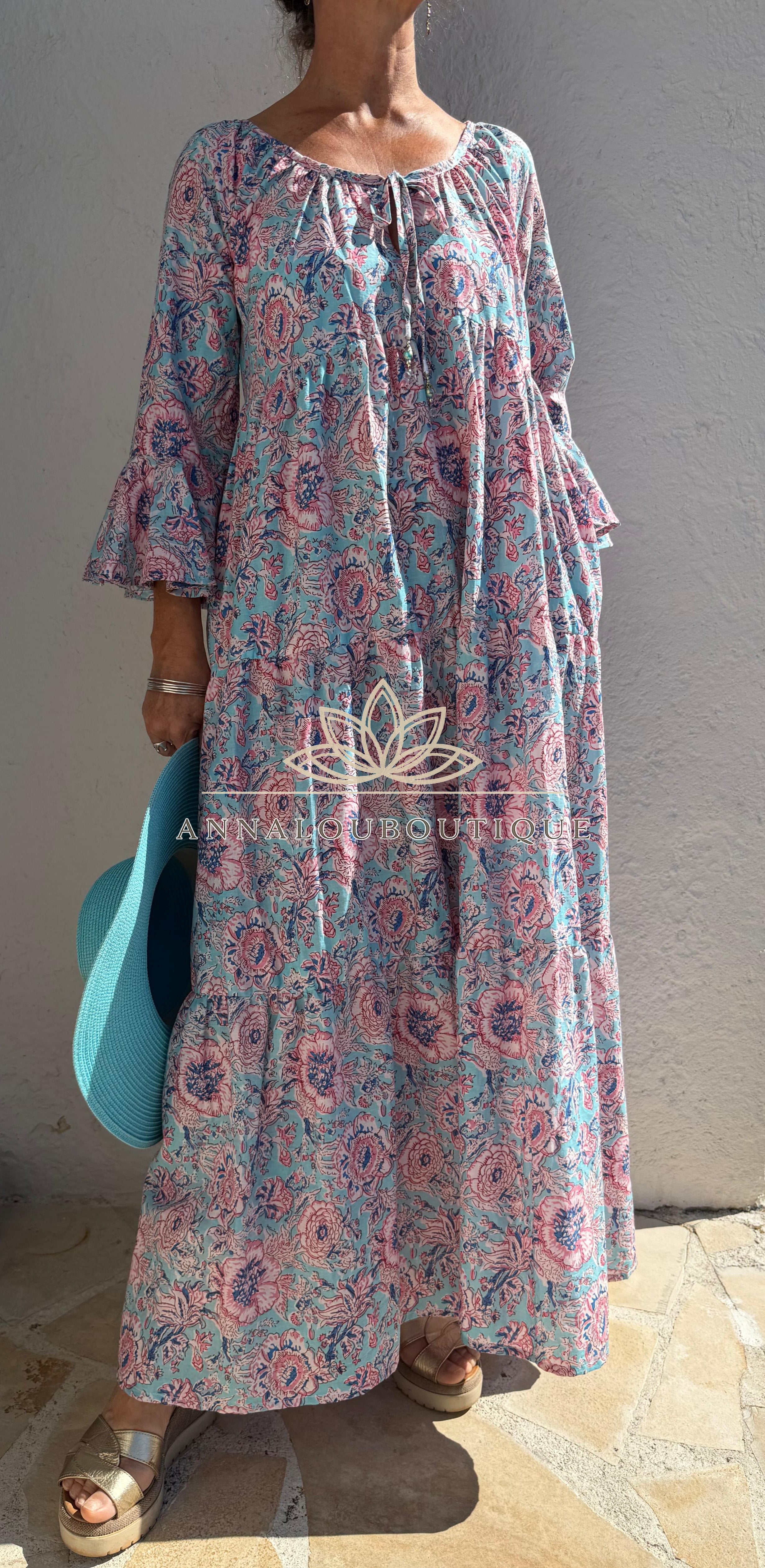 Turquoise Pastel Floral Maxi Dress – Soft Cotton Boho Chic Summer Dress, Flowy Resort & Holiday Wear Annalou Design