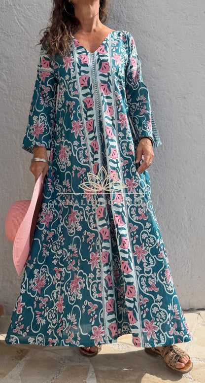 Long flared cotton kaftan in teal and pink