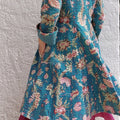 Boheme Chic Floral Coat – Teal Cotton Long Jacket with Pink Hydrangea Print Annalou Design