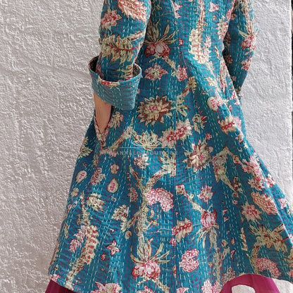 Teal frock coat with pink hydrangeas