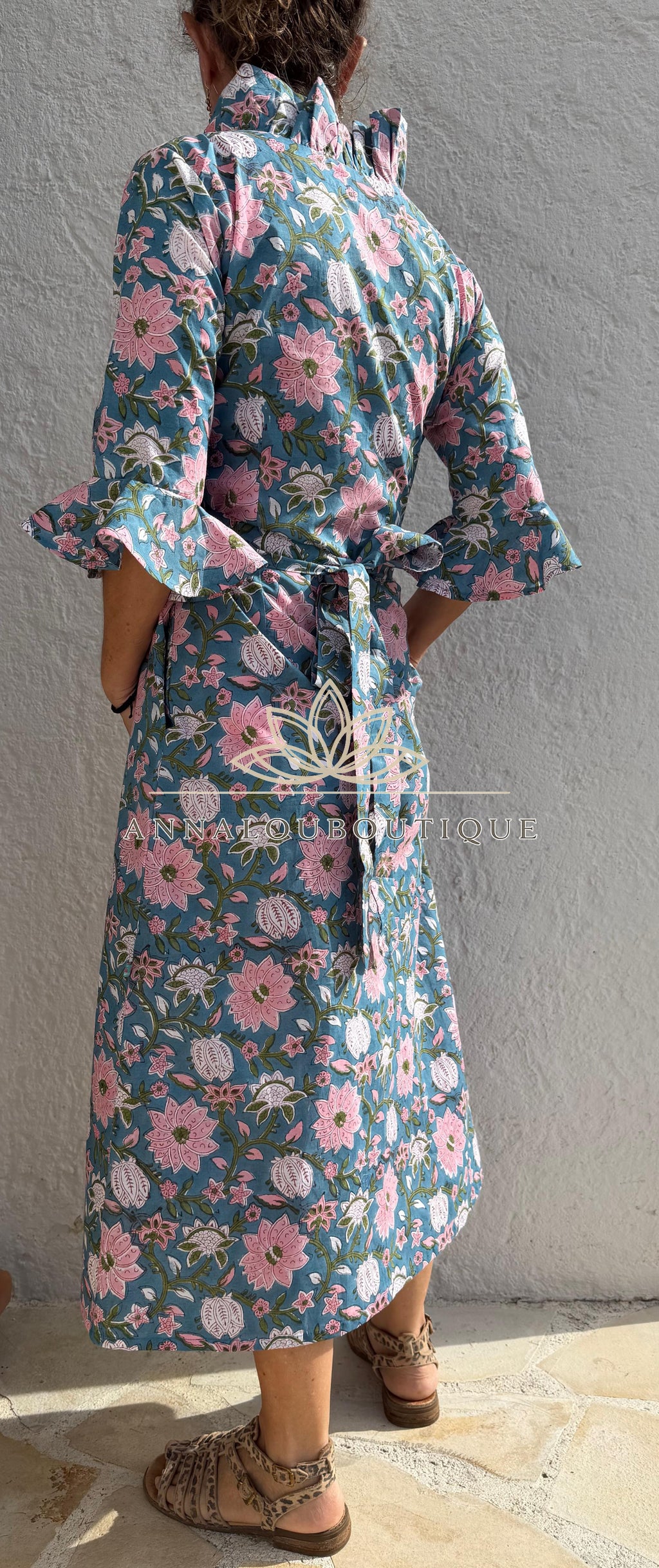 long wrap dress in cotton,floral print with pink flowers,ruffled collar,3/4 sleeves with ruffles,kimono shape, hippie chic dress,teal color Annalou Design