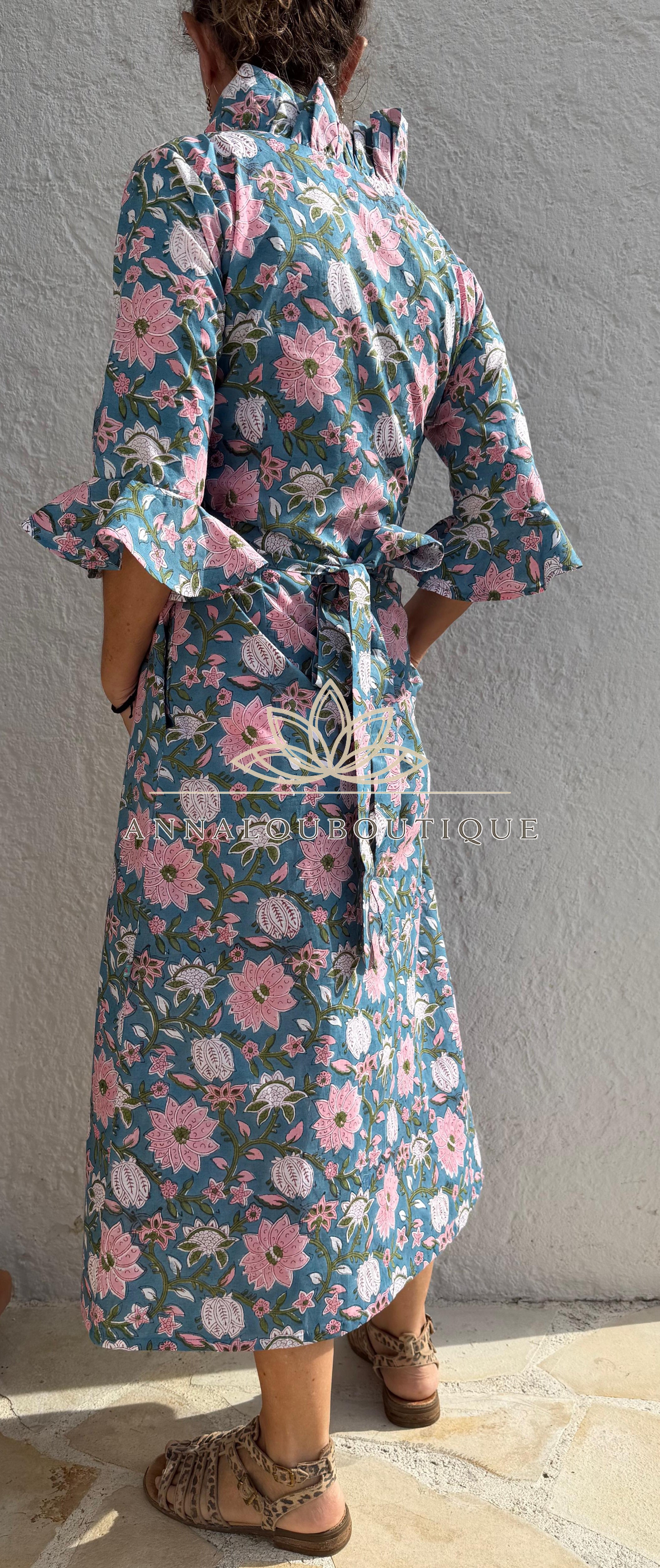 long wrap dress in cotton,floral print with pink flowers,ruffled collar,3/4 sleeves with ruffles,kimono shape, hippie chic dress,teal color Annalou Design