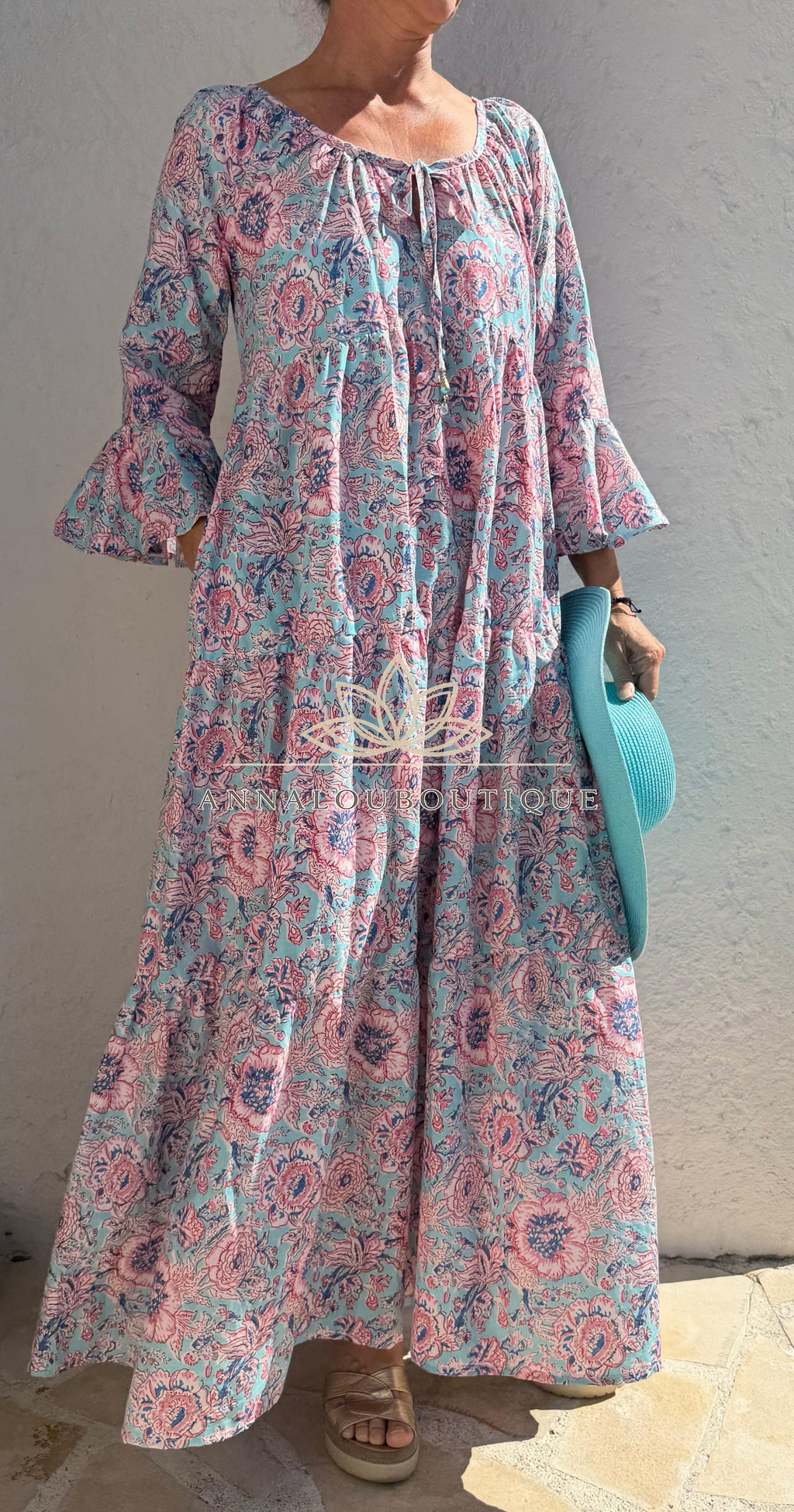 Turquoise Pastel Floral Maxi Dress – Soft Cotton Boho Chic Summer Dress, Flowy Resort & Holiday Wear Annalou Design