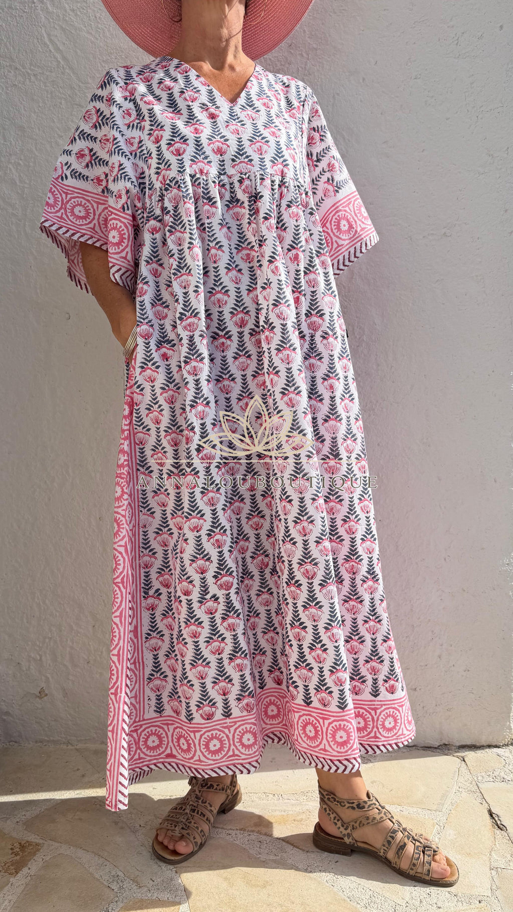 Oversized Cotton Dress – Hand Block Print Boho Dress, Soft Cotton Summer Outfit, Navy Blue Pattern Dress with Pink Border, Maxi Dress Annalou Design