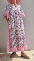 Oversized Cotton Dress – Hand Block Print Boho Dress, Soft Cotton Summer Outfit, Navy Blue Pattern Dress with Pink Border, Maxi Dress Annalou Design