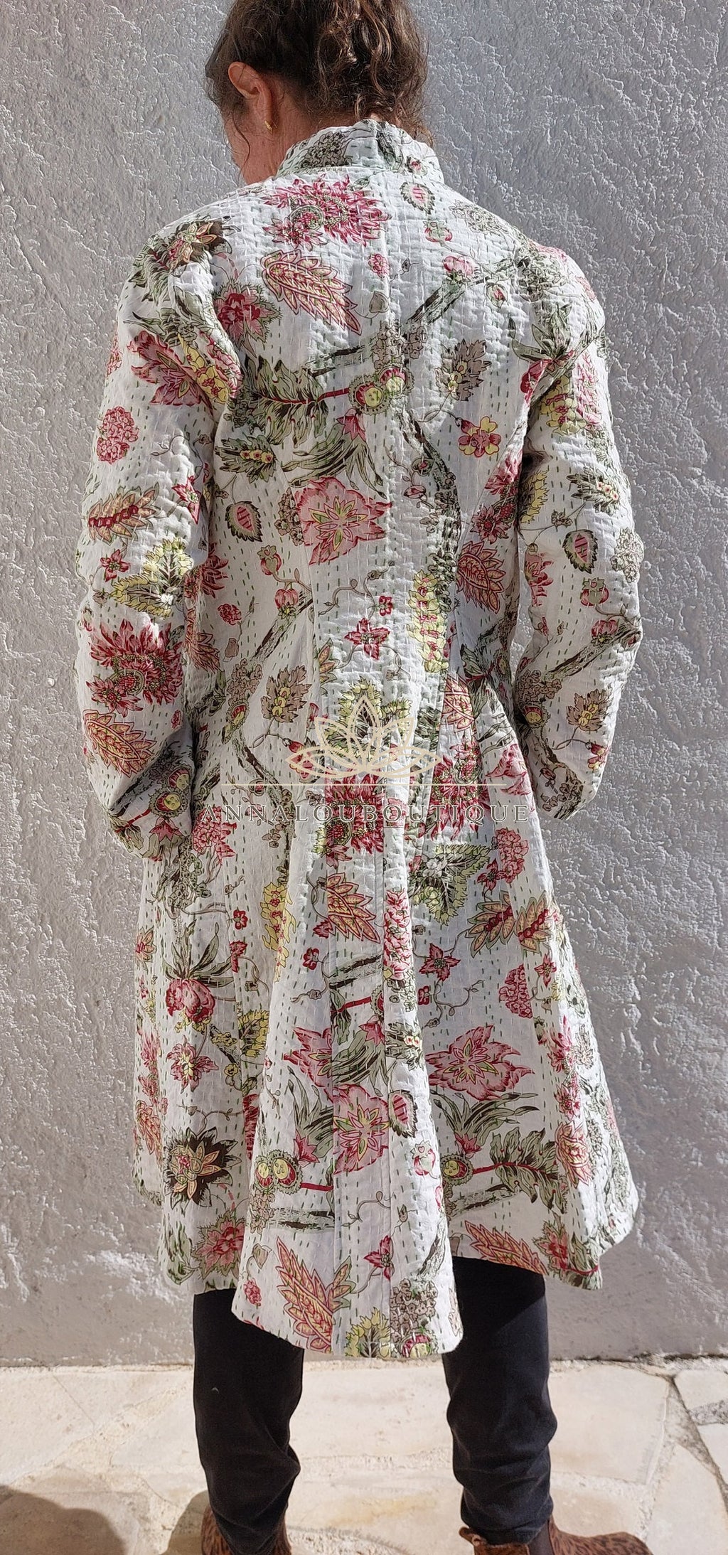 Boheme Chic Cotton Jacket – White & Pink Floral Frock Coat, Limited Series Annalou Design