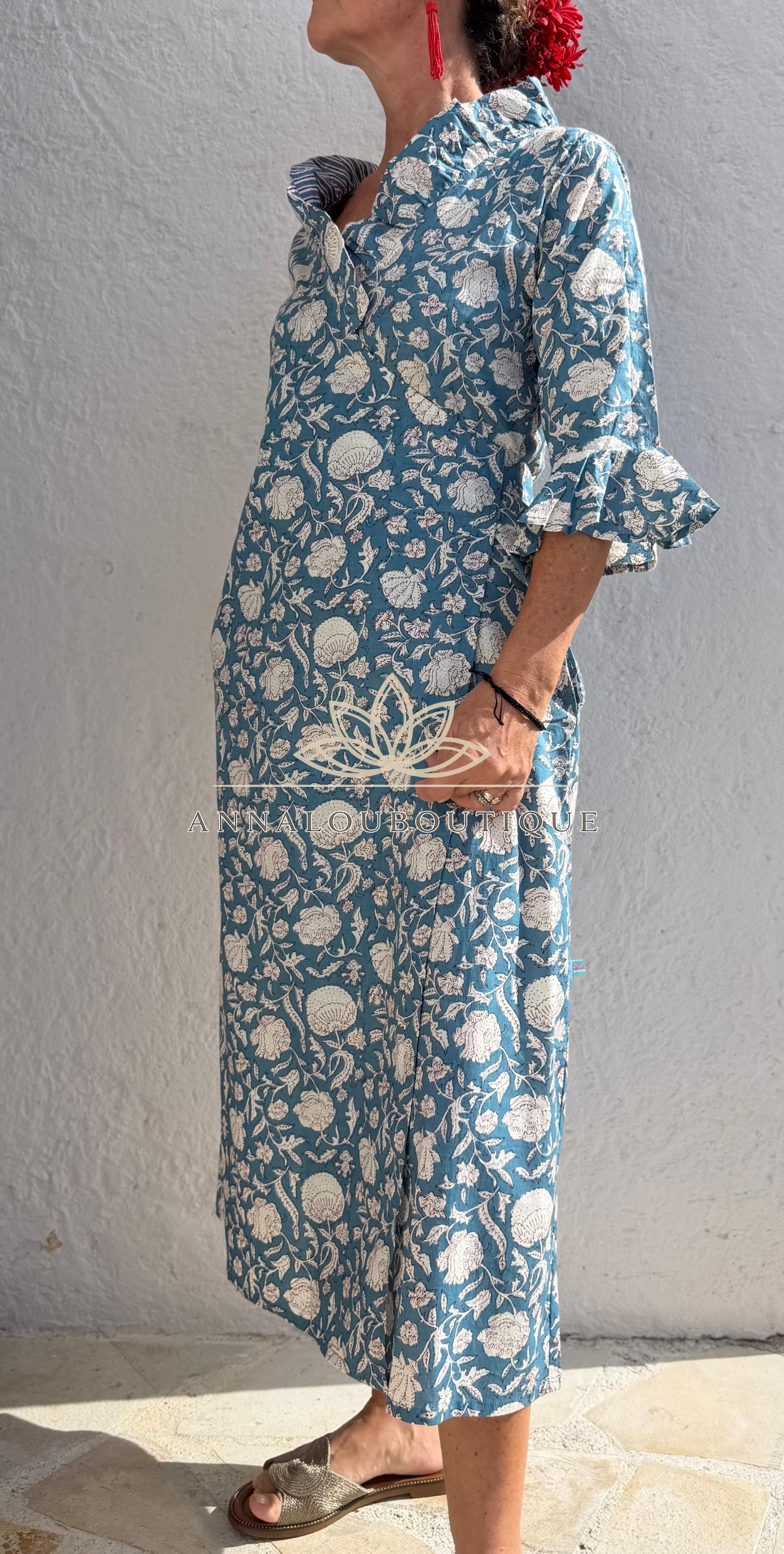 Long Floral Wrap Dress – Blue Grey Boho Chic Maxi Dress, Flowy Cotton Summer Resort Wear Annalou Design