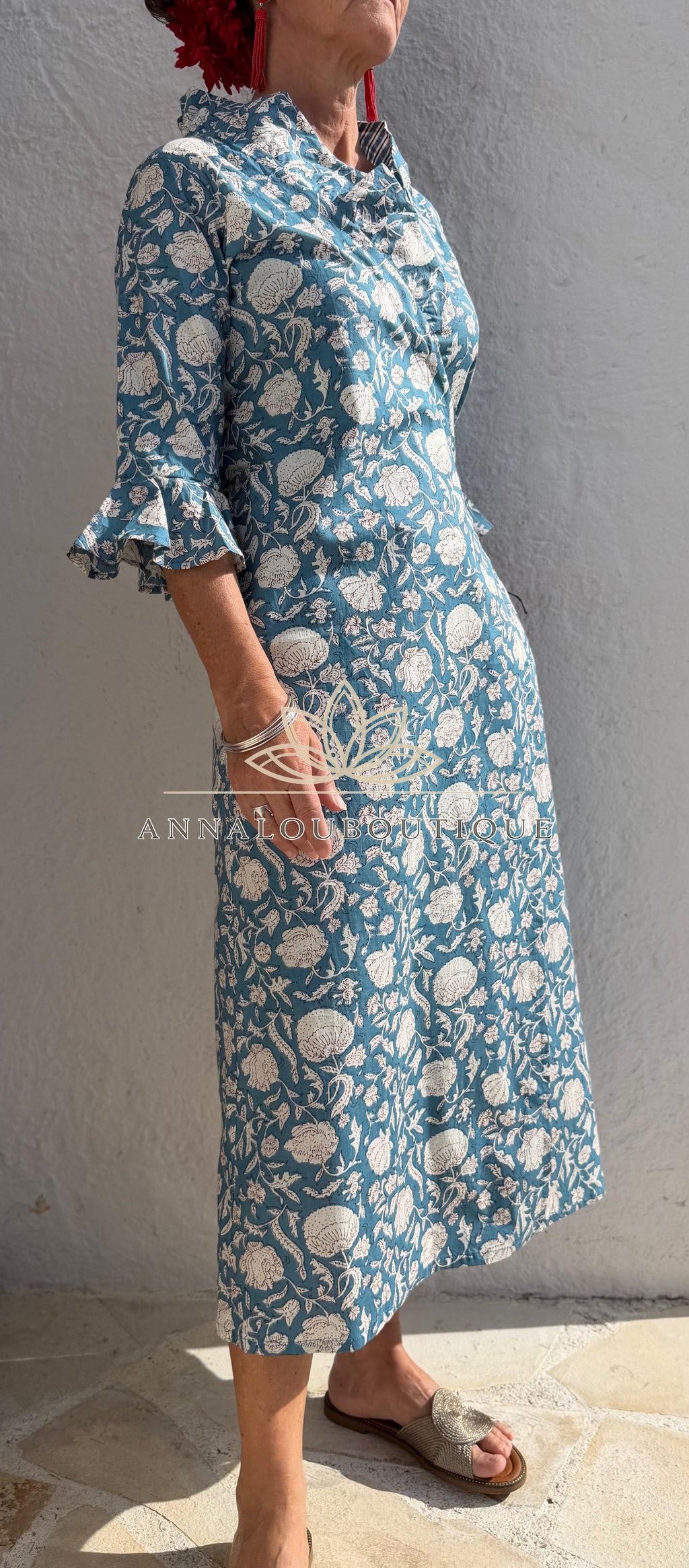 Long Floral Wrap Dress – Blue Grey Boho Chic Maxi Dress, Flowy Cotton Summer Resort Wear Annalou Design