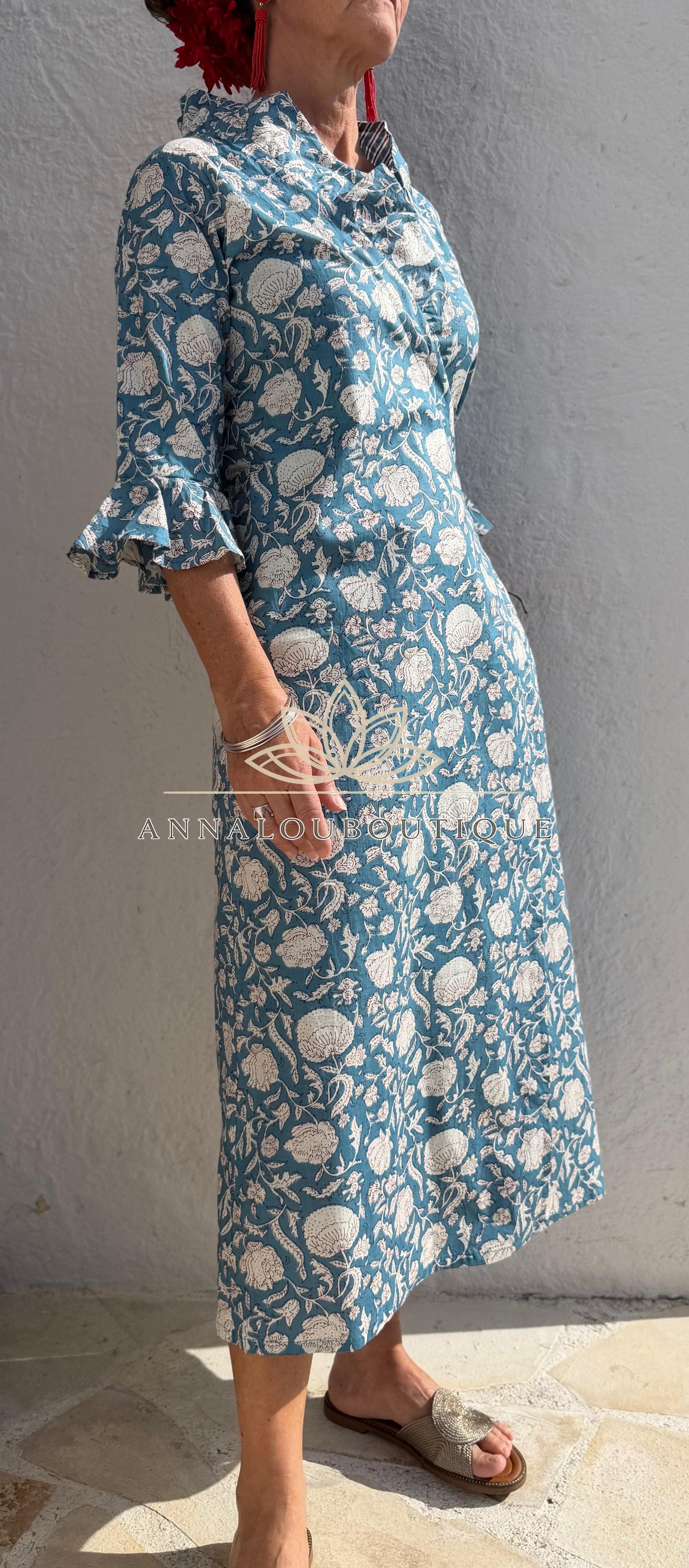Long Floral Wrap Dress – Blue Grey Boho Chic Maxi Dress, Flowy Cotton Summer Resort Wear Annalou Design