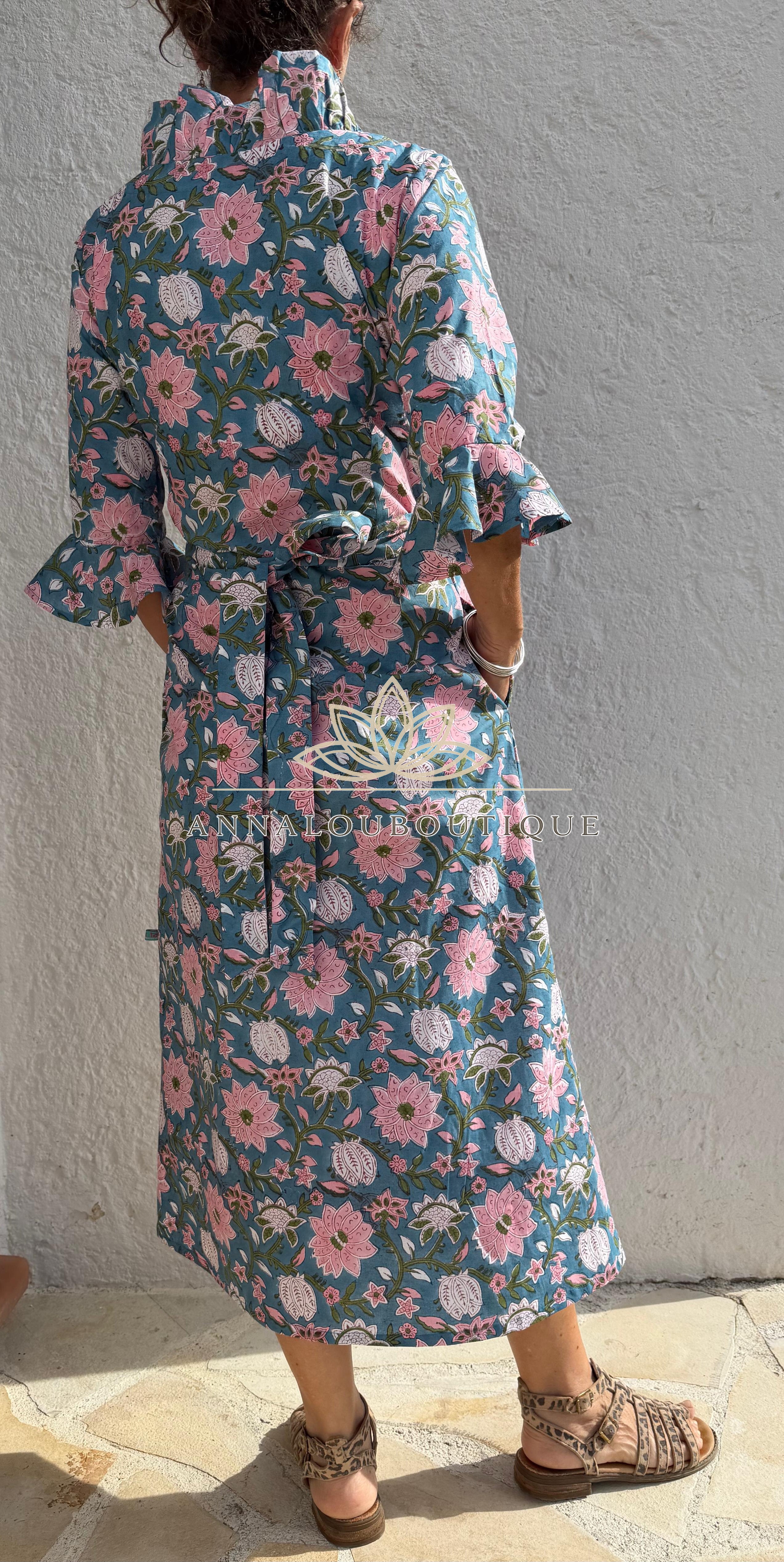 long wrap dress in cotton,floral print with pink flowers,ruffled collar,3/4 sleeves with ruffles,kimono shape, hippie chic dress,teal color Annalou Design