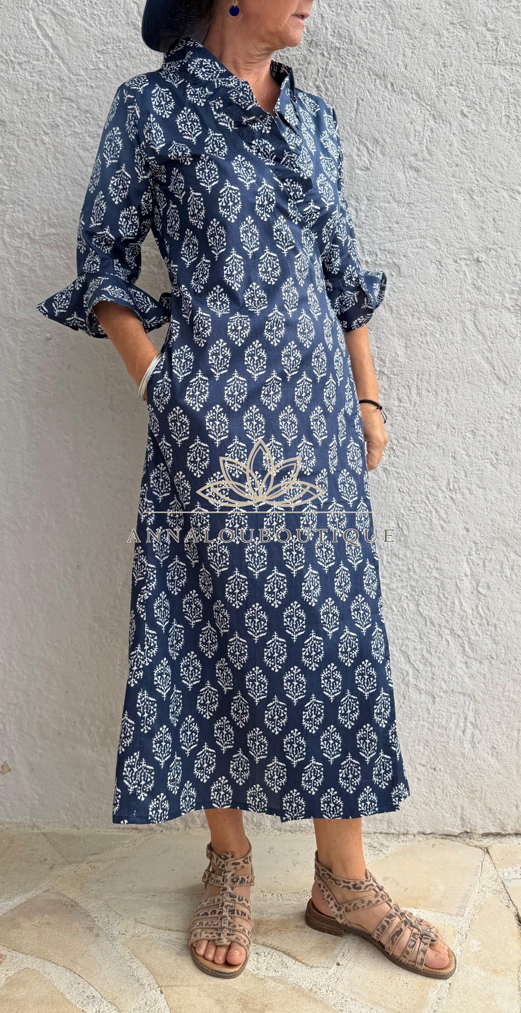 Long Cotton Wrap Dress – Navy Blue Diamond Print Boho Maxi Dress, Ruffled Collar 3/4 Sleeve Wedding Guest Dress Annalou Design