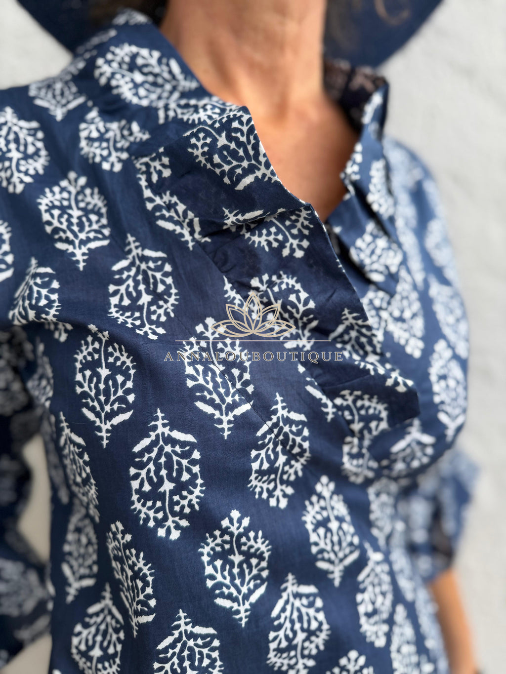 Long Cotton Wrap Dress – Navy Blue Diamond Print Boho Maxi Dress, Ruffled Collar 3/4 Sleeve Wedding Guest Dress Annalou Design