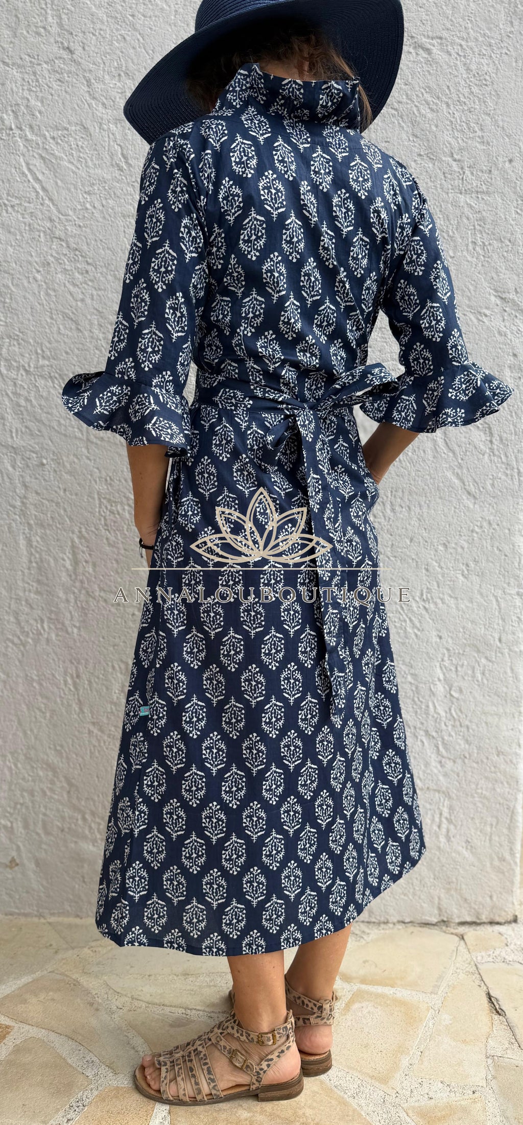 Long Cotton Wrap Dress – Navy Blue Diamond Print Boho Maxi Dress, Ruffled Collar 3/4 Sleeve Wedding Guest Dress Annalou Design