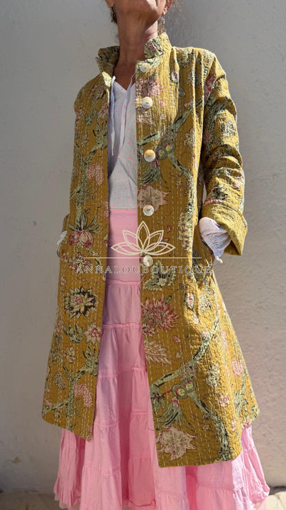 Manteau redingote en coton à hortensias roses